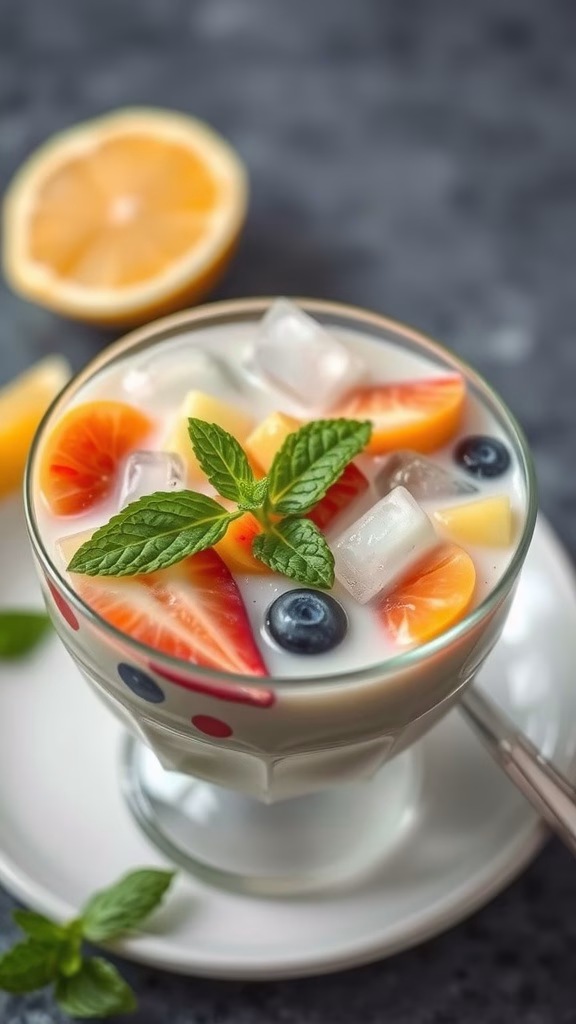 A refreshing bowl of Es Teler, an Indonesian fruit cocktail with assorted fruits and coconut milk.