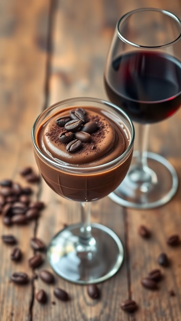 Espresso-infused chocolate mousse in a glass with coffee beans and red wine in the background.