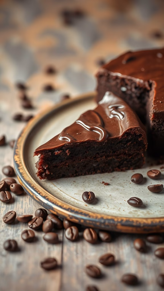 A slice of German chocolate cake with a glossy chocolate frosting and coffee beans scattered around.