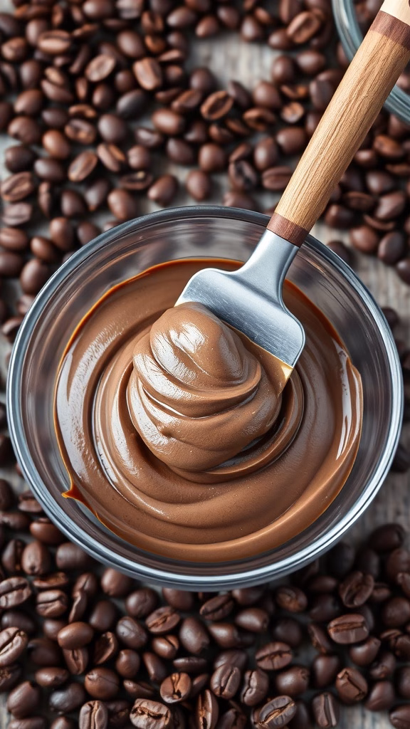 A bowl of creamy espresso mocha frosting with coffee beans around it.
