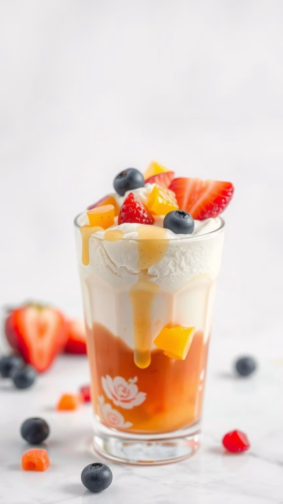 A glass of colorful Espumilla dessert topped with fruits.
