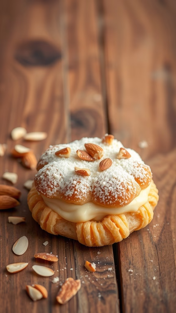 Delicious Paris-Brest pastry topped with almonds and powdered sugar.