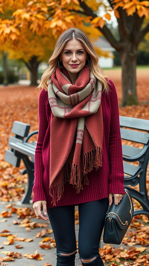 A woman in a burgundy sweater and oversized scarf stands in an autumn park with orange leaves all around.