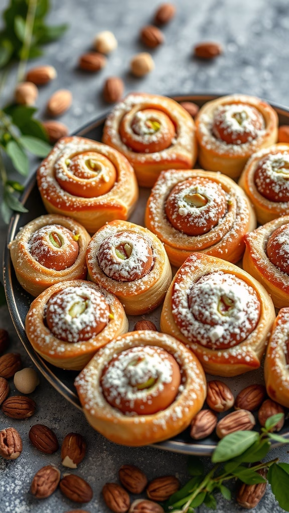 A plate of Fıstıklı Sarma, Turkish pistachio rolls, dusted with powdered sugar.