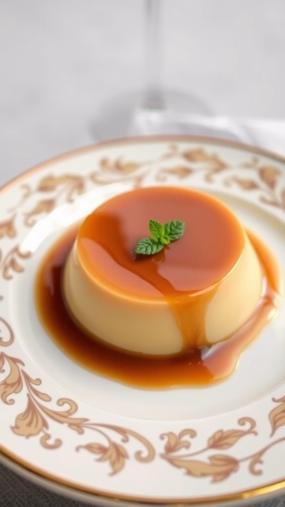 A creamy flan topped with caramel drizzle and a mint leaf, served on an elegant plate.