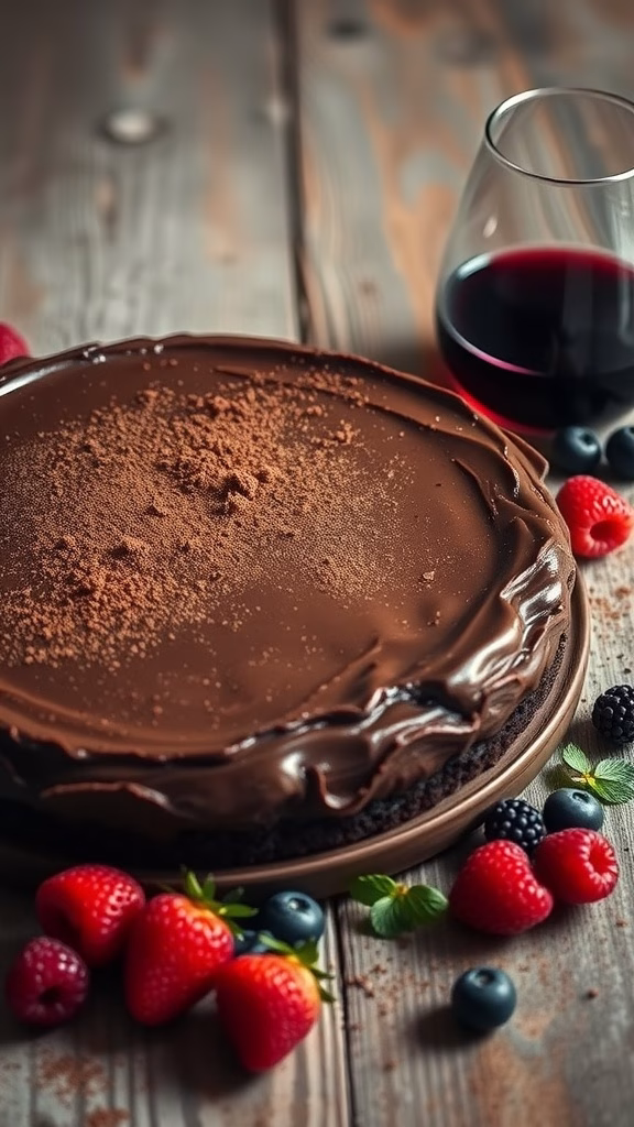 A rich flourless chocolate torte on a rustic wooden table with fresh berries and a glass of red wine.