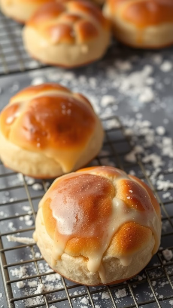 Fluffy brioche buns with a sweet glaze on a cooling rack.