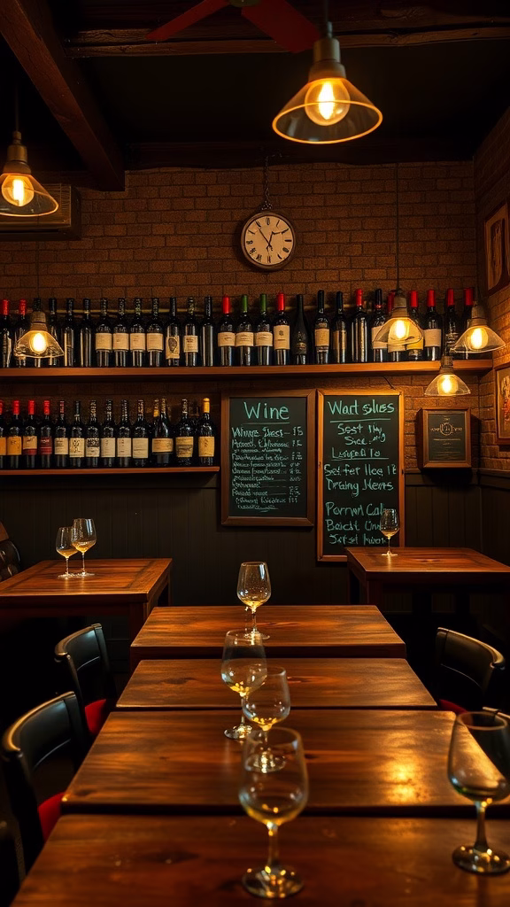 A cozy French bistro-inspired wine bar with wooden tables, wine bottles on the wall, and soft lighting.
