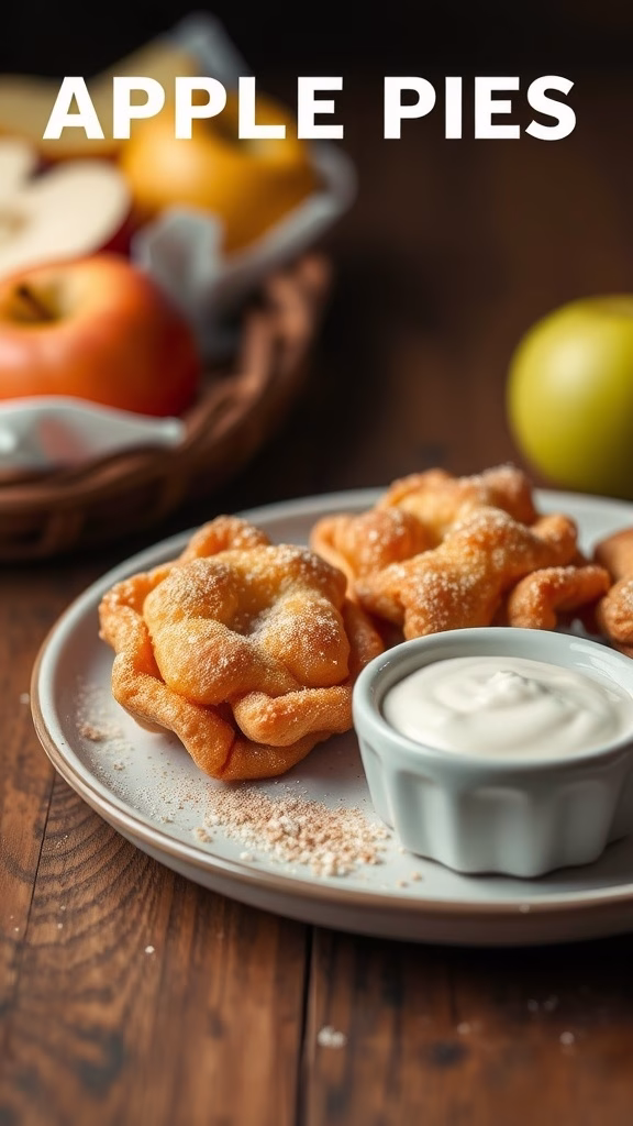Fried apple pies on a plate with cinnamon sugar and a dipping sauce
