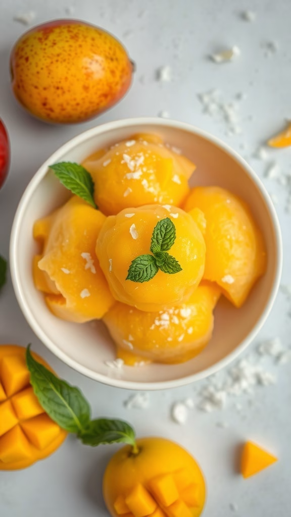 A bowl of frozen mango sorbet topped with mint leaves