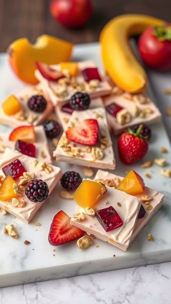 A delicious frozen yogurt bark topped with mangosteen and berries.