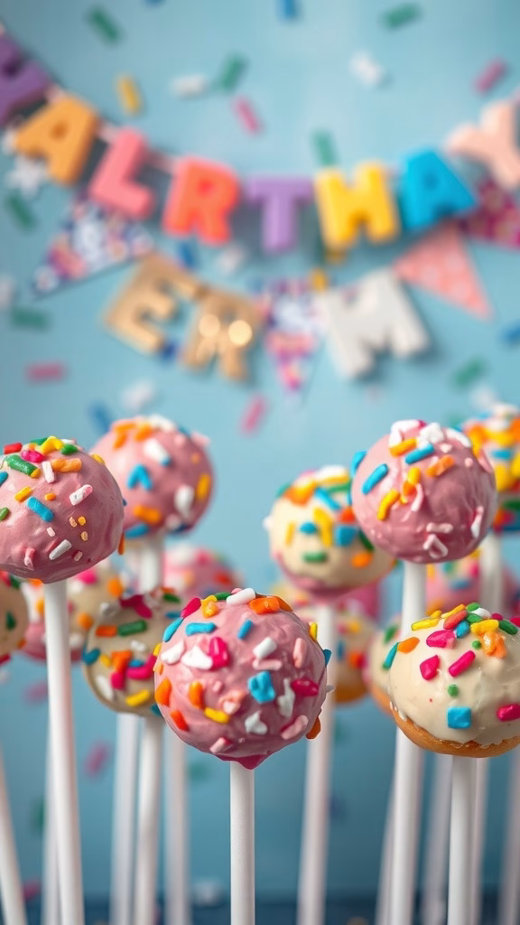 Colorful funfetti cake pops decorated with sprinkles for celebrations.