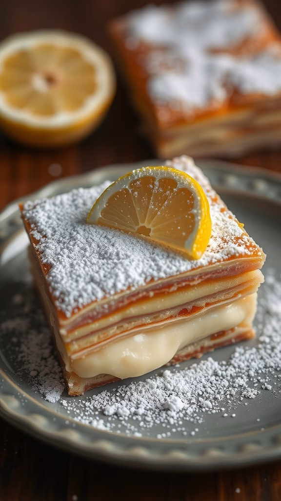 A slice of Galaktoboureko with powdered sugar and lemon slice on top.