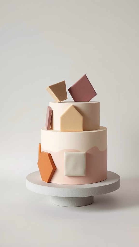 A modern cake with geometric fondant accents in soft colors.