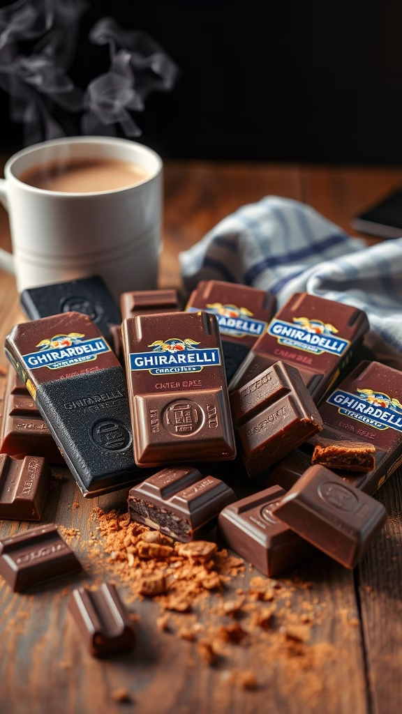 An assortment of Ghirardelli chocolate bars and a cup of hot beverage on a wooden surface.