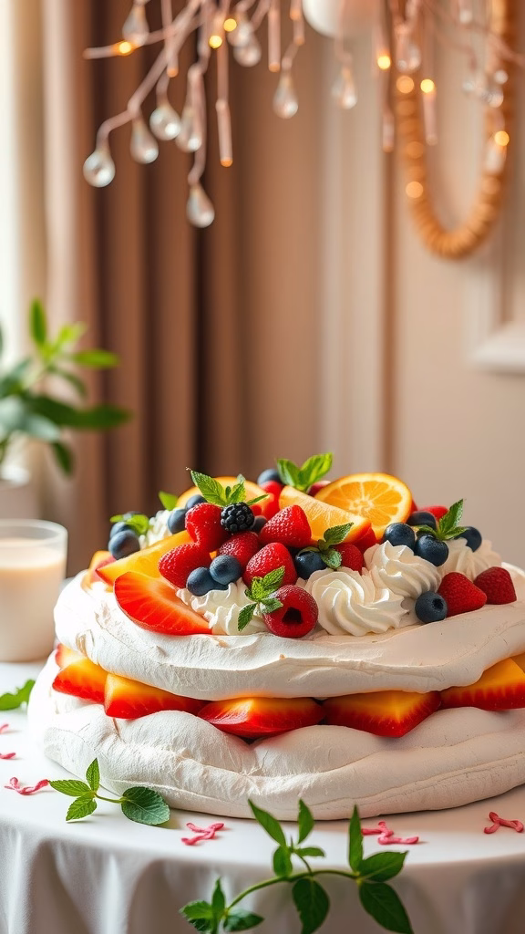 Giant Party Pavlova decorated with fresh fruits and mint leaves.