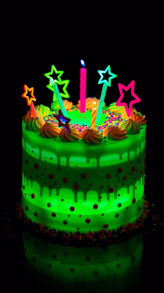 A vibrant glow-in-the-dark neon cake with star-shaped candles and colorful sprinkles.