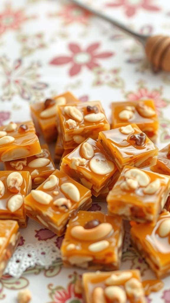 Homemade Gozinaki, a Georgian honey and nuts treat, cut into squares.