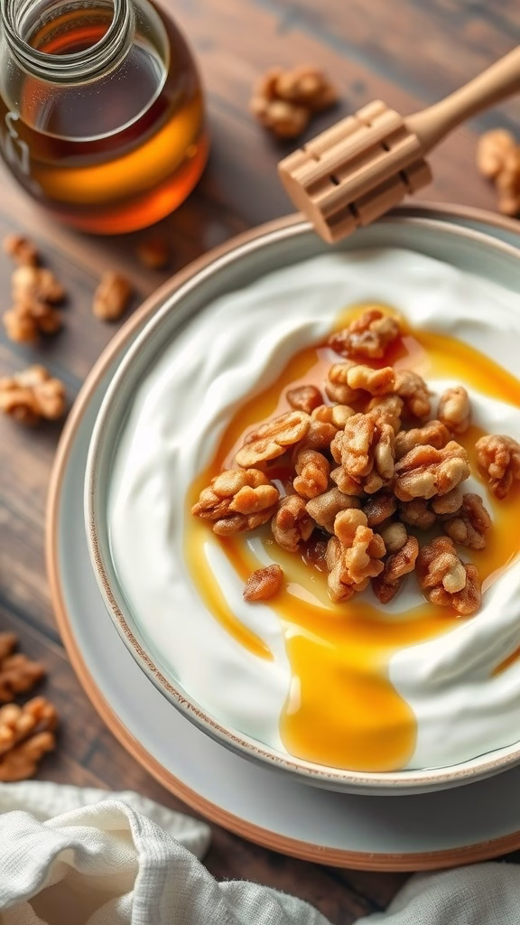 A bowl of Greek yogurt topped with walnuts and drizzled with honey.