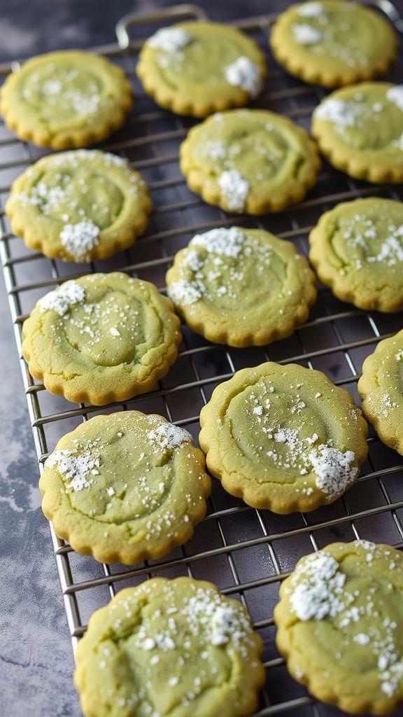 Green tea matcha cookies sprinkled with powdered sugar on a cooling rack.