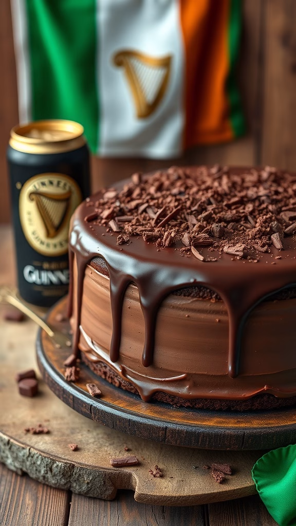 A decadent chocolate cake made with Guinness stout, topped with rich chocolate frosting and garnished with chocolate shavings.