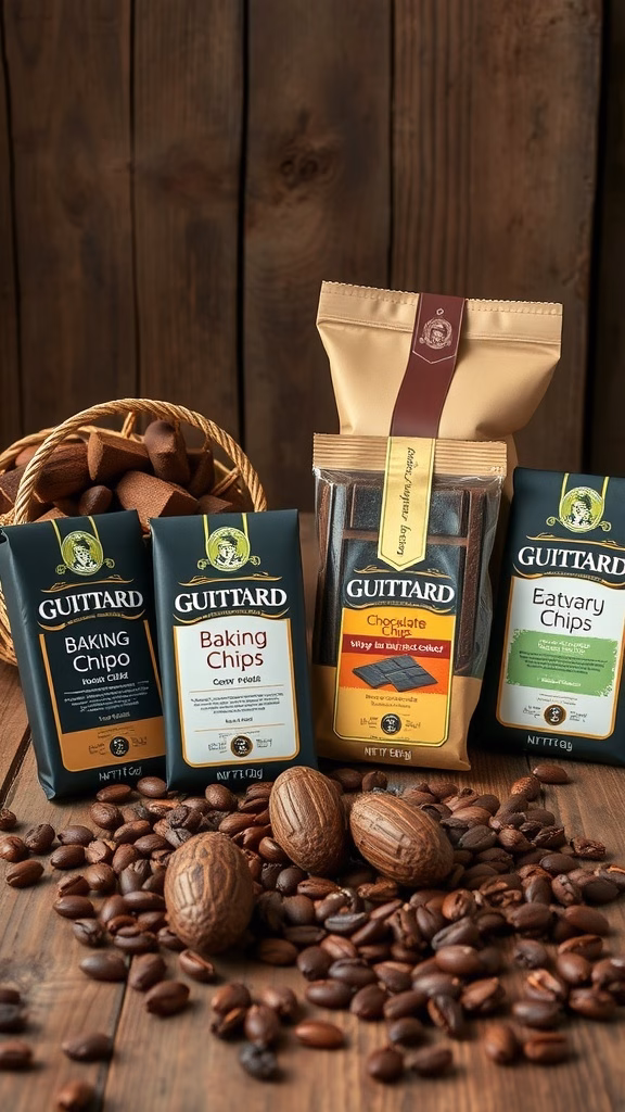 An assortment of Guittard chocolate products, including baking chips and chocolate bars, displayed with coffee beans and cocoa pods.