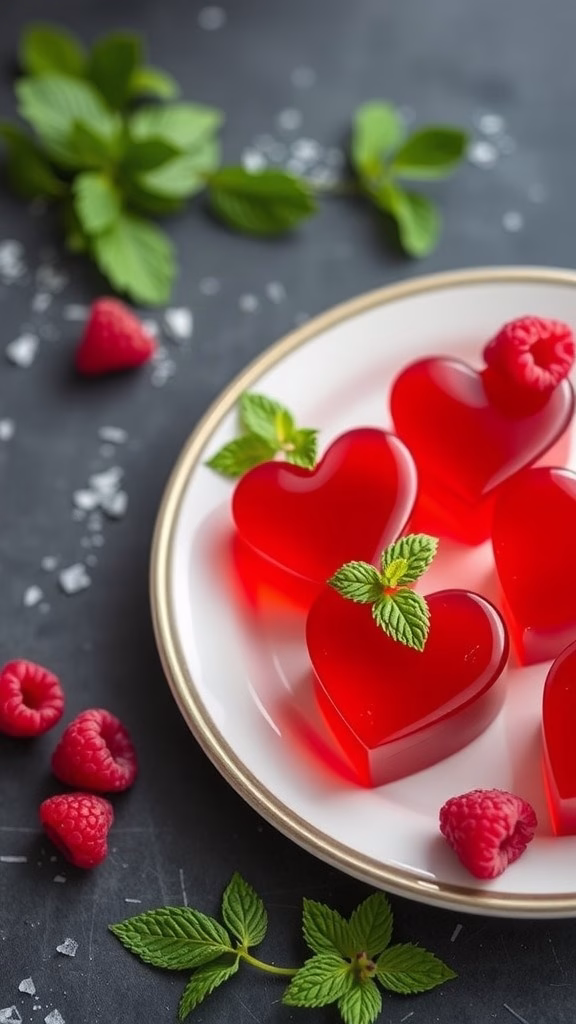 Heart-shaped raspberry Jello hearts on a plate with mint and raspberries