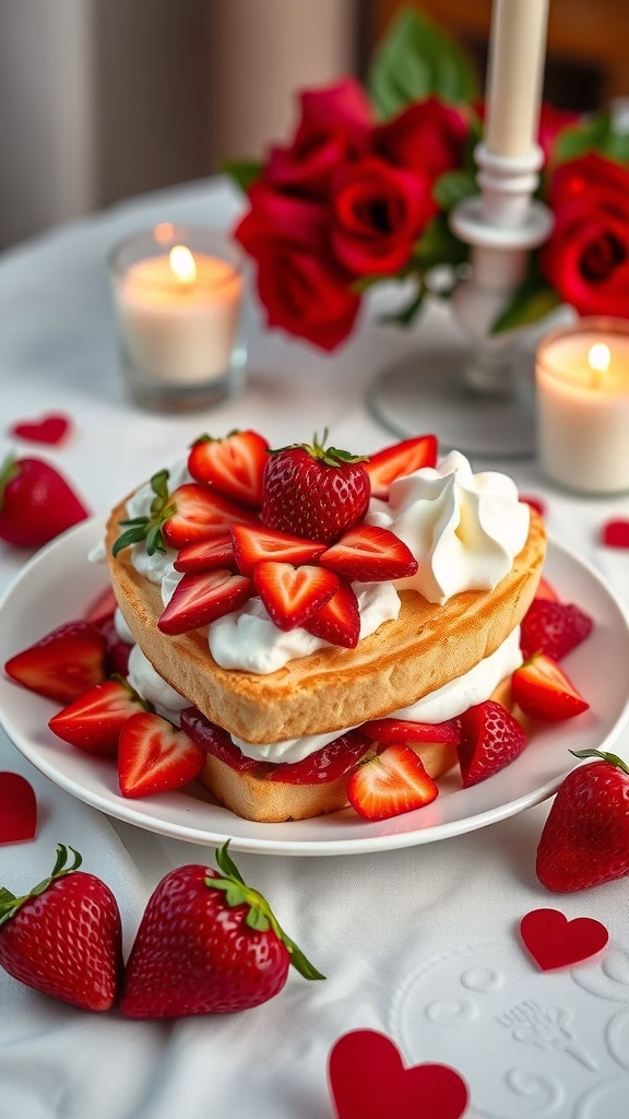 A heart-shaped strawberry shortcake decorated with fresh strawberries and whipped cream.