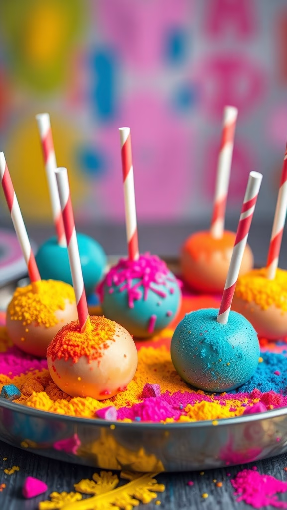 Colorful Holi-themed cake pops decorated with vibrant sprinkles