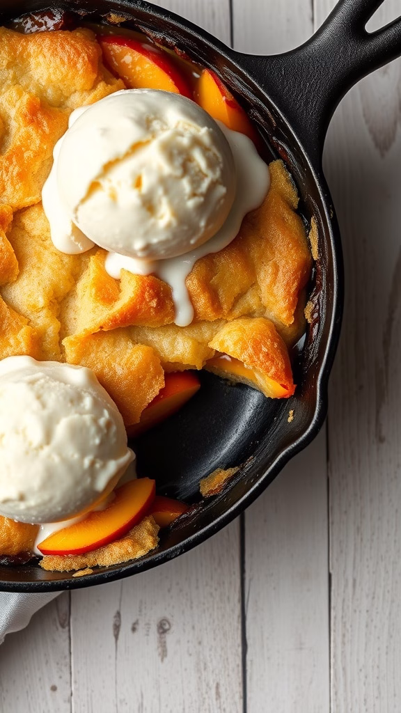 A delicious homemade peach cobbler served with vanilla ice cream.