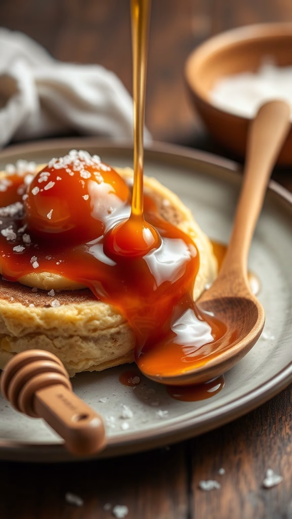 Honey drizzling over pancakes with sea salt caramel.
