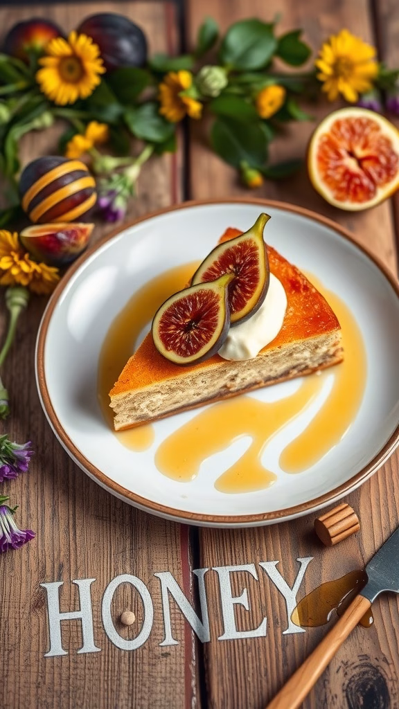 A slice of honey cake topped with figs and mascarpone on a plate, drizzled with honey.