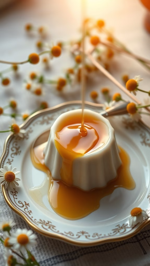 A creamy honey chamomile crème caramel drizzled with honey on a decorative plate.