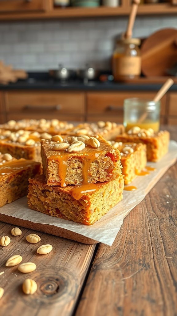 Delicious honey peanut butter blondies with a drizzle of honey and peanuts on top.