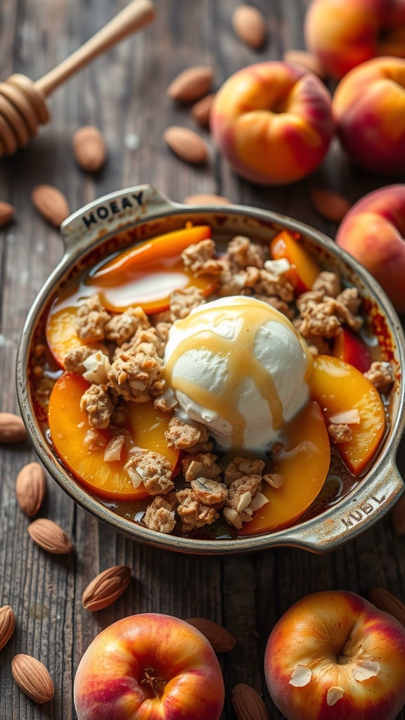 A delicious honey roasted peach and almond crumble served with ice cream, surrounded by fresh peaches and almonds.