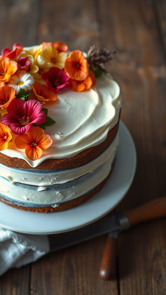 A beautifully decorated hummingbird cake with vibrant flowers on top.