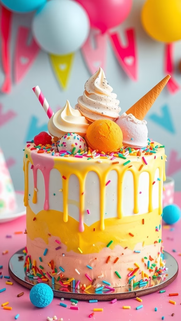Colorful Ice Cream Drip Cake with sprinkles and ice cream toppings