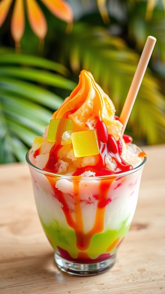 A colorful dessert featuring shaved ice topped with various sweet ingredients