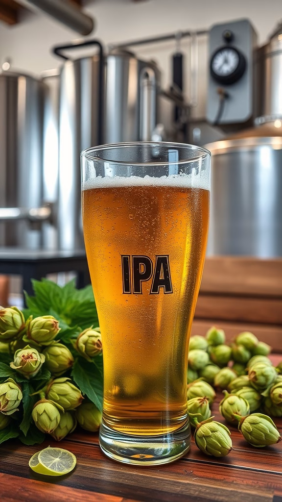A glass of India Pale Ale (IPA) with hop cones and brewing equipment in the background.