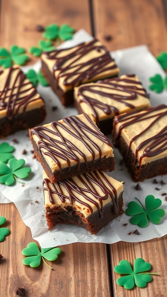 Delicious Irish Cream Brownies topped with chocolate drizzle, perfect for St. Patrick's Day