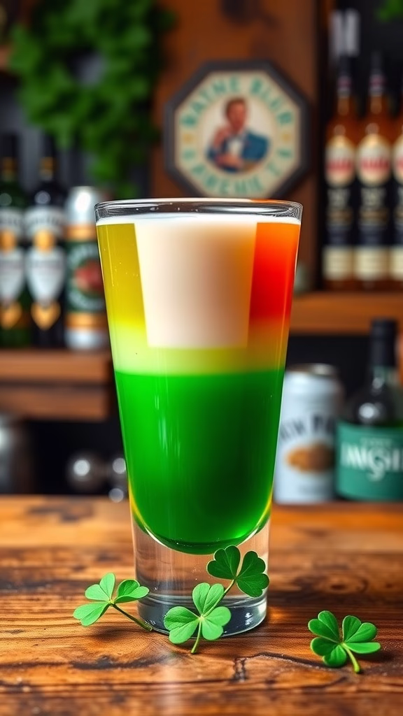 A layered Irish Flag Shooter in a shot glass with green, white, and orange colors.