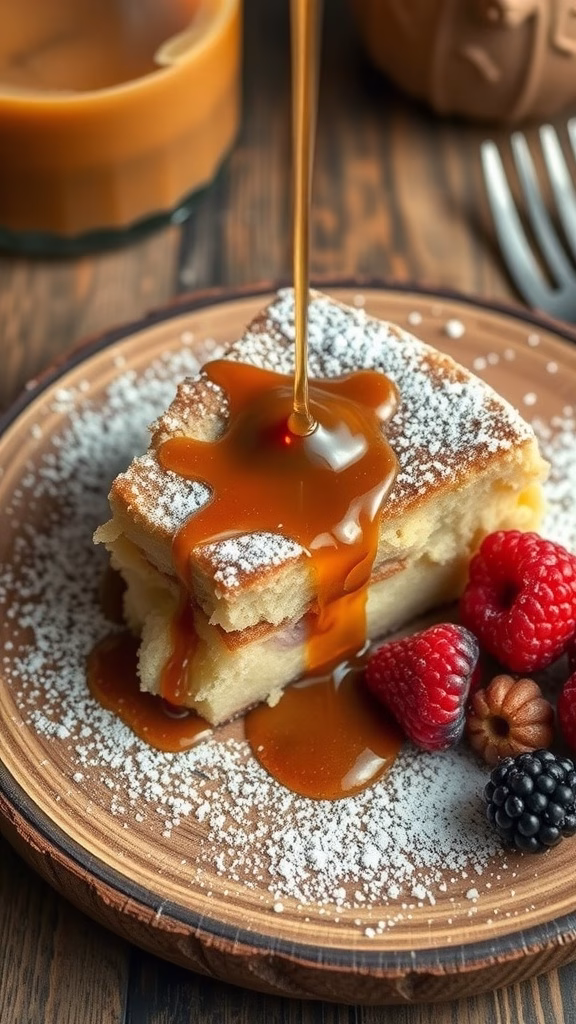 A delicious slice of Irish soda bread pudding topped with caramel sauce and fresh berries.