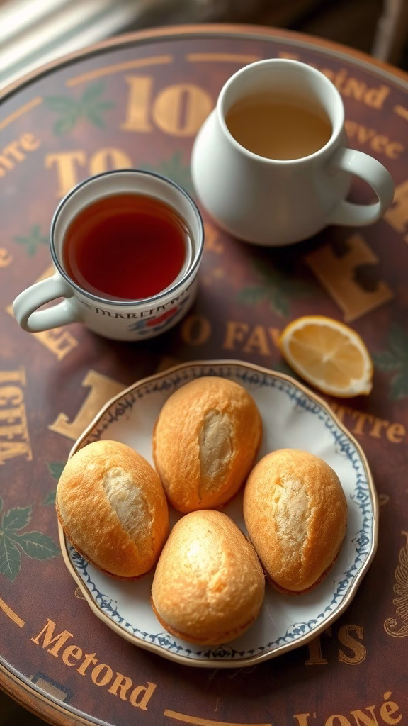 A plate of madeleines with cups of tea