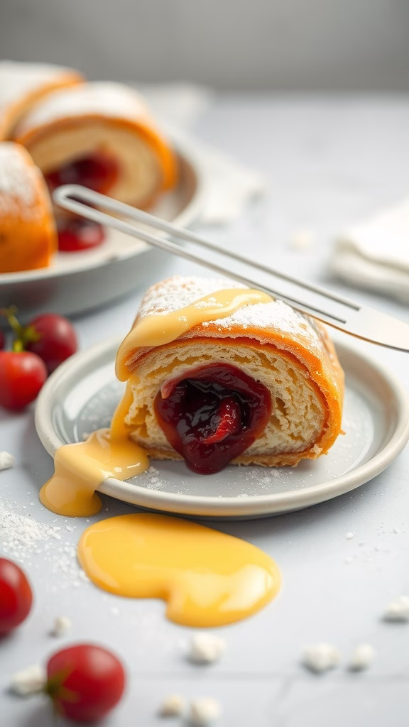 A delicious slice of jam roly-poly drizzled with custard