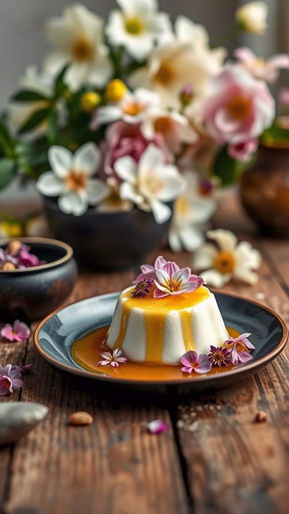 A beautifully plated jasmine tea infused panna cotta garnished with edible flowers and a drizzle of sauce on a rustic wooden table.