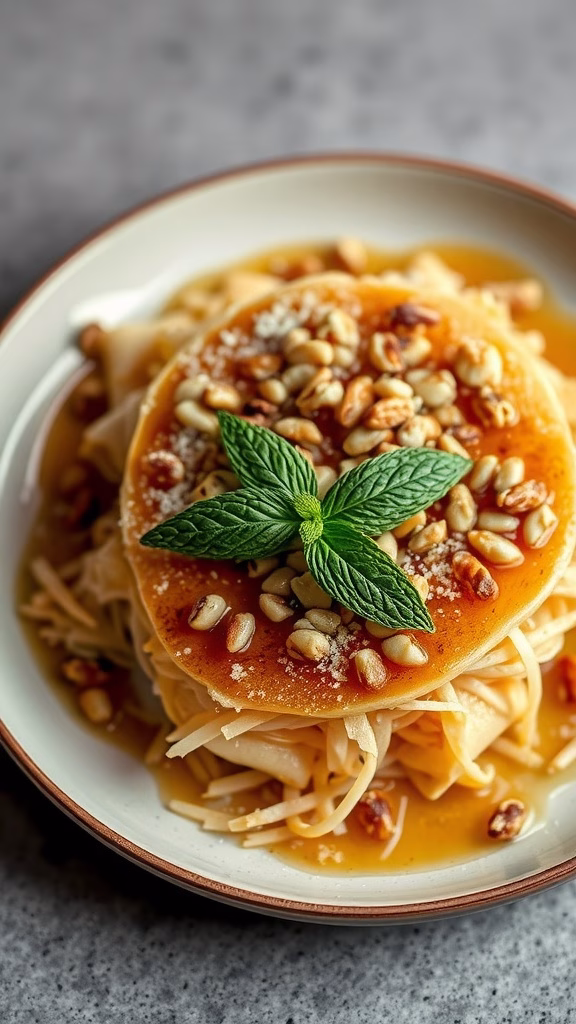 A plate of kataifi topped with nuts and syrup, garnished with mint.