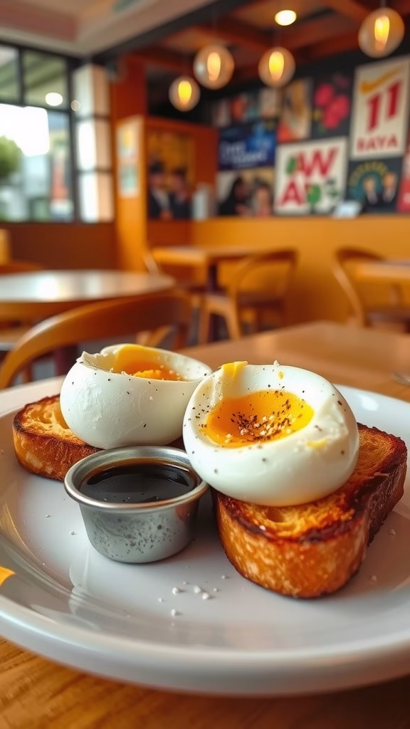 Kaya toast with soft-boiled eggs served with soy sauce
