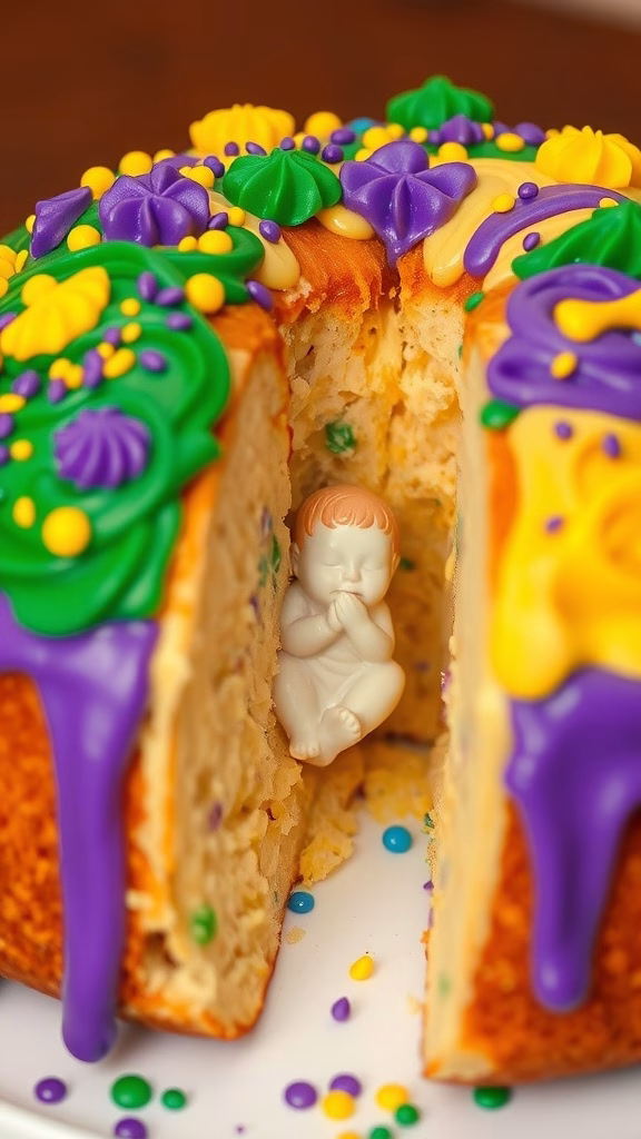 A beautifully decorated King Cake with colorful icing, symbolizing Mardi Gras festivities.