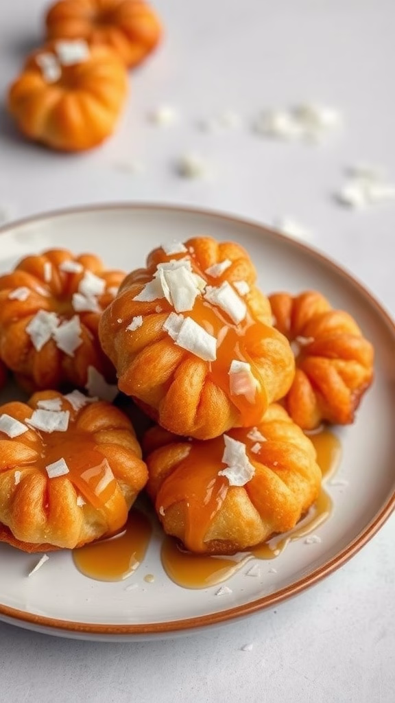 Delicious koeksisters drizzled with syrup and garnished with coconut flakes.