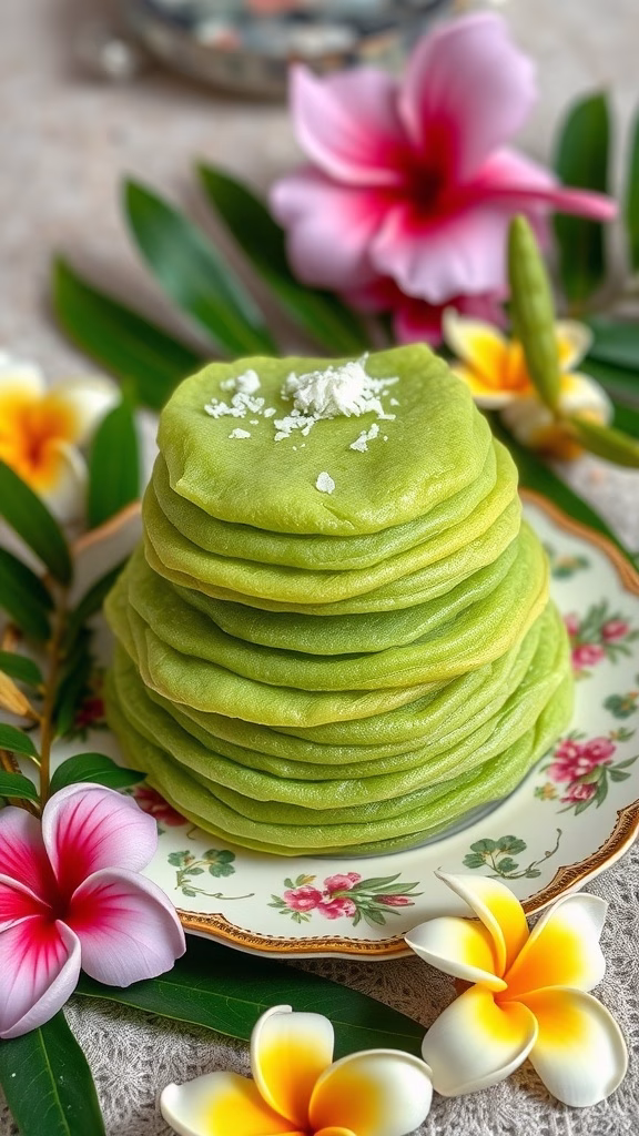 Stack of pandan crepes filled with coconut, garnished with grated coconut